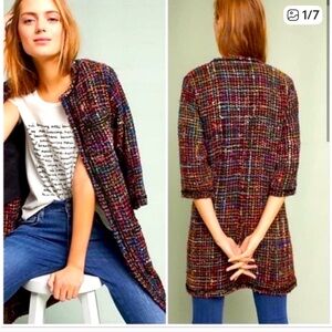 Anthropologie Ett:Twa Tweed Berwyn Rainbow Coat Handmade Frayed Jacket size XS